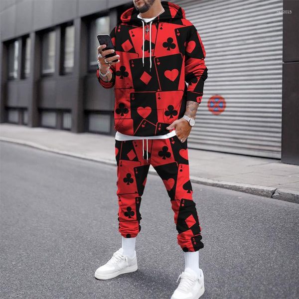 Erkeklerin Trailtsits İlkbahar ve Sonbahar Kırmızı Poker 3D Baskı Moda Çift Spor Takım Çeken Halat Hoodie Jumper Slim Street Pants Pantolon Man Takip