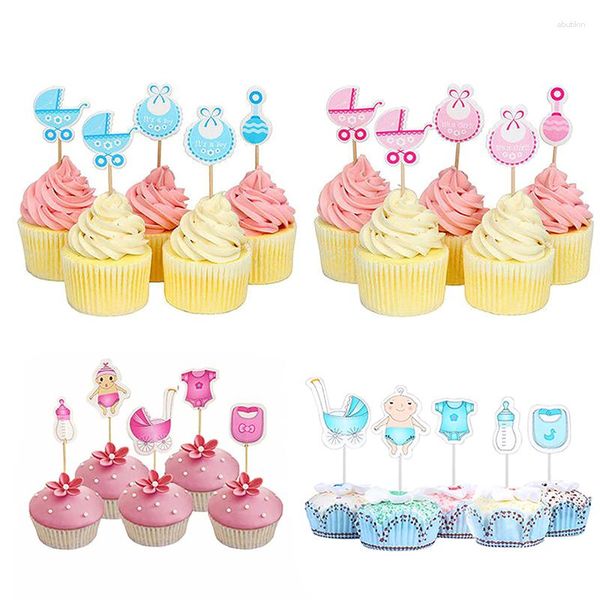 Kek Araçları 18/24 PCS Bebek Duş Cupcake Toppers Erkek Kız Toplumlar Cinsiyet Malzemeleri Pişirme Dekoru Tatlı Ekleme Kart Ev