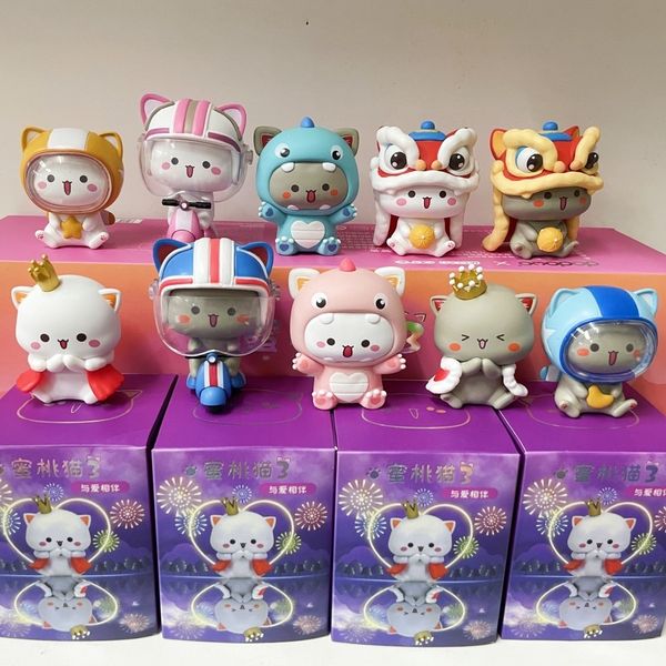 Blind Box Meitao Cat Box Kawaii and Love Series 3 Mystery Mystery Cartoon Doll Model Ação Ação Figura Ornamentos 230816