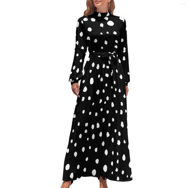 Lässige Kleider Dalmatianische Flecken Druckkleid weiße Tupfen Kawaii Custom Maxi High Taille Langarm Stylish Boho Beach