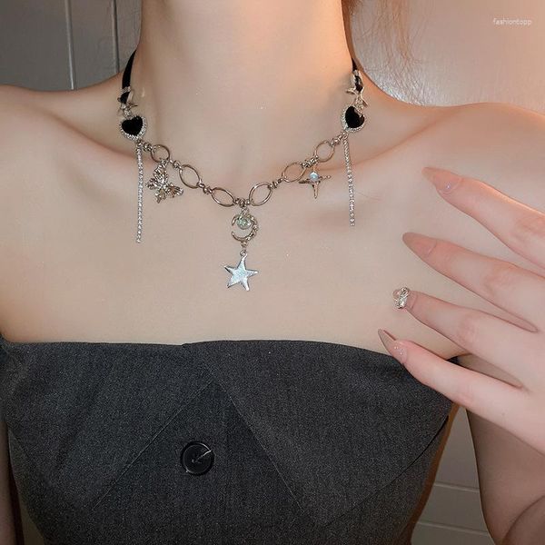 Anhänger Halskette Mode Leder Herzspleiß Halskette für Frauen Sternmond Colarbone Schlüsselbein Kette Goth Statement Schmuck Geschenke