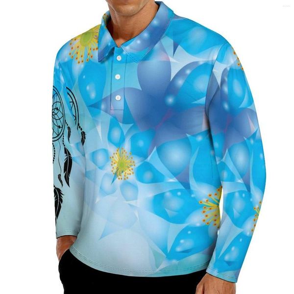 Men's Polos Blue Dream Catcher Polo Camisetas homens abstrato impressão camisa casual camisa diária coleira vintage de manga longa camisetas de tamanho grande personalizado