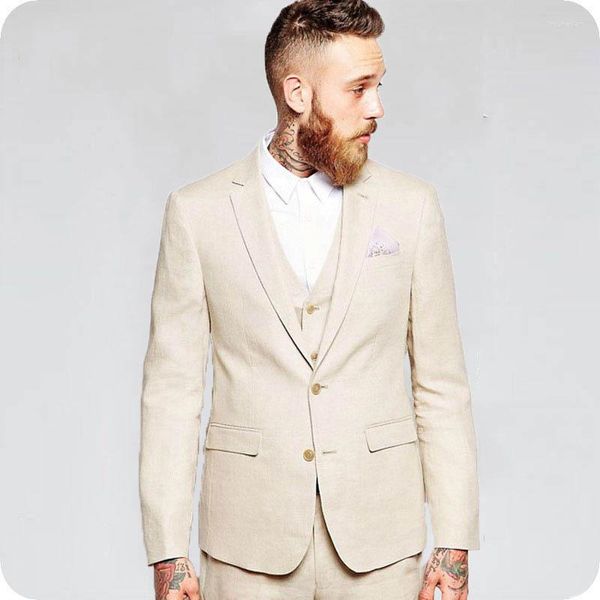 Herrenanzüge Beige Slim Fit Beach Hochzeitsbräutigam Smoking 3 Stück (Jacke Hose Weste) Vogelprächer Männer Mann Blazer Kostüm Homme