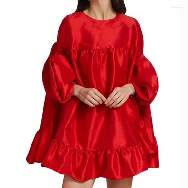 Повседневные платья с вырезом платье для вечеринки длинные пузырьковые рукава красные оборки мини-а-линия женская одежда женская атласа