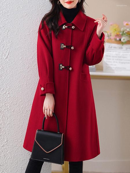 Trench da donna Autumn Inverno Fashion Red Wool Maschetti Women Wool Coat 2023 Elegante manica lunga girare il collare