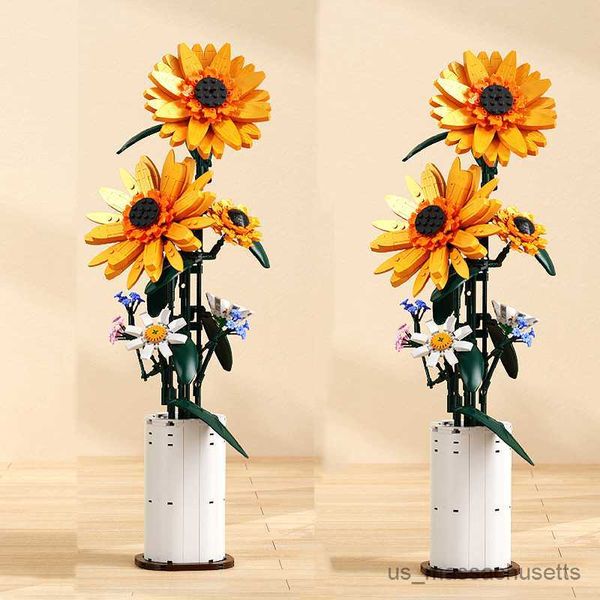 Blöcke Neue kreative Blumenstrauß Sonnenblume mit Vase -Bausteinen Pflanze Rose B für Mädchen Geburtstagsgeschenk Home Dekoration R230817