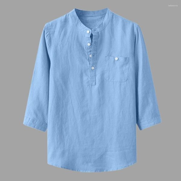 Herren lässige Hemden 2023 Lose sitzende Baumwollwäsche Feste Farbe Hemd Mode drei Viertelhülle Tasche Stehkragen