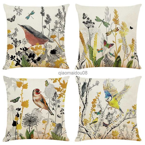 Travesseiro moda moda simples planta flor flor de pássaro padrão sofá decorativo tampa de almofada quadrada tampa hkd230817