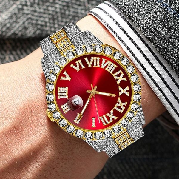 Armbanduhr modische und luxuriöse Herrenpaare großes Zifferblatt voller Diamanten funkelnder Stahlbandkalender Quarz Uhr als Geschenk