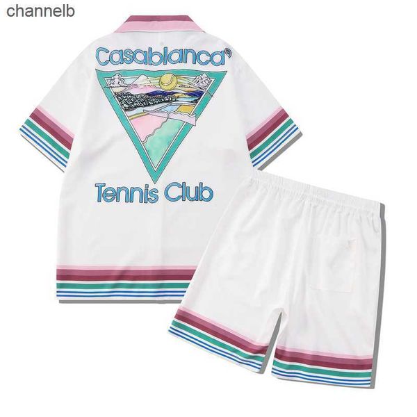 Camisetas masculinas 2023 Casablanca color Stripe Tennis Club Homens Mulheres Defesa curta Conjunto Hawaii Terno do estilo Hip Hop Shorts Terno de casal Casa HKD230817