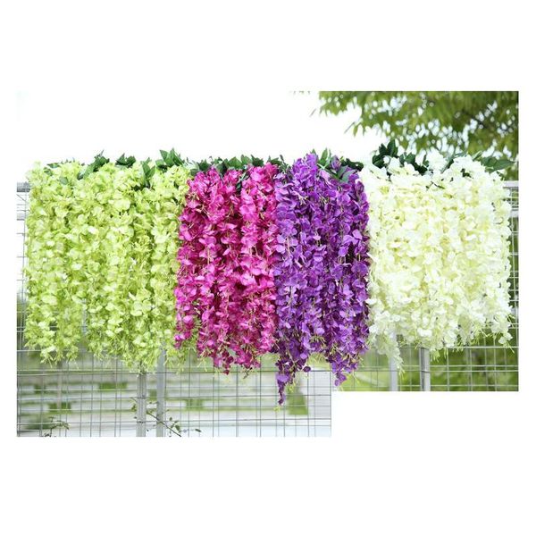 Decorações brancas verdes flores artificiais simation wisteria videira longa seda planta bouquet bouquet room work garden gota entrega festa de entrega dhmsw