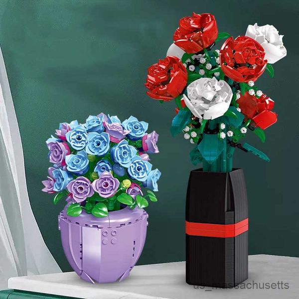 Blocks Rose Flower Bouquet Vase Building Conjunto para adultos Bunho Bloco Display Home Ornament Orchid Plant Decor Moc Toy Presente para meninas R230817