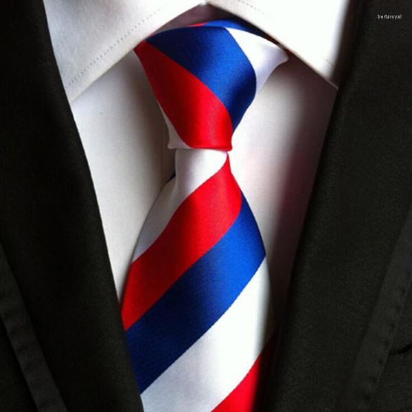 Laço amarra clássica azul vermelho branco listrado decote masculino 8 cm de largura negócios casuais jacquard tecido de seda para o pescoço de festa de casamento