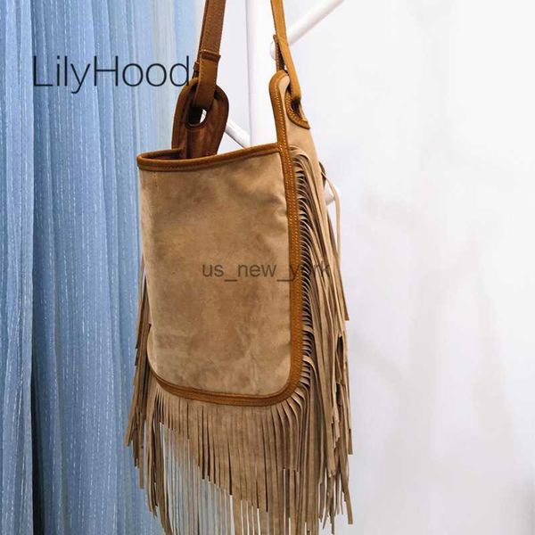 Hobo Women Mode Leder Fransen Hobo Umhängetasche 2023 weibliche lässige Wildleder große Kapazität Wasten Gypsy Hippie Boho Ibiza Slouchy Tasche HKD230817