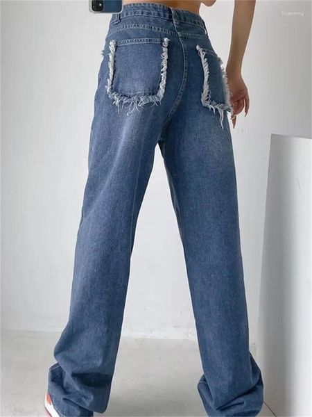 Jeans femininos Tossy Baggy Women Casual High Wisted Ripped Blue com Pocket Autumn Streetwear Straight Wide Leg Fargo Calça