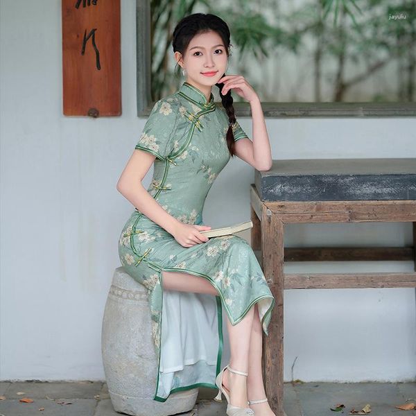 Ethnische Kleidung Sommer 2023 Lange verbesserte Cheongsam chinesische traditionelle Stil Vintage Kleid junge Mädchen Rock Elegante Mode Qipao für