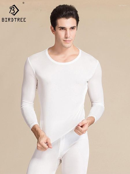 Roupa térmica masculina Birdtree 30% Real seda 70% Visconse Homem redondo colarinho lateral duplo de tricô