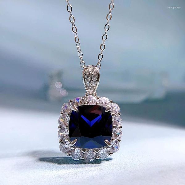 Chains 2023 925 Silver Imitation Sapphire 12 Fat Square Necklace Pendant Female European And American Luxury Inlay