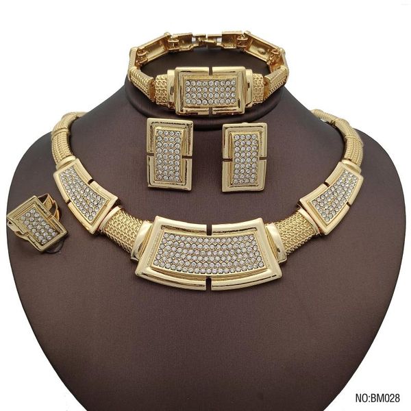 Halskette Ohrringe Set African Gold Plated for Women Blockform Dubai Farbe Hochzeitsfeier Braut Luxusqualität Schmuck