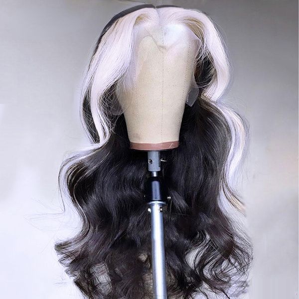 Parte livre branca destaque Braço preto Cabelo humano renda frontal peruca transparente 13x4 renda cheia onda corporal renda frontal peruca sintética resistente ao calor