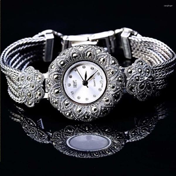 Orologi da polso in stile retrò sterling argento thai artigiano braccialetto elegante orologio da donna di lusso per amanti