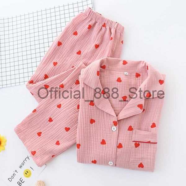 Frühling New Ladies 'Pyjama Set herzförmige gedruckte pure Baumwoll -Doppelschicht Tüll -Revershose für Langarmhosen für Wohnkultur x0817