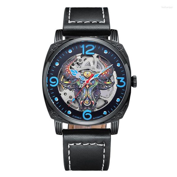 Нарученные часы 3D Color Bull Head Design Men's Watches Fashion Водонепроницаемые светящиеся скелеты Автоматические механические часы Relogios Masculino