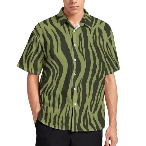 Camisas casuais masculinas Muss verde camisa solta listras de praia machos estampas de animais Hawaii Padrão de manga curta estética de grandes dimensões