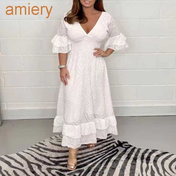 2023 Mode Plus -Size -Sommerkleider lose sitzende hohe Taille bestickte feste Farbe langes Maxikleid