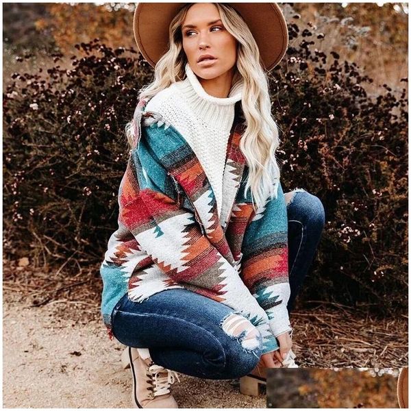 Frauen in Übergrößen Außenbekleidung Mäntel Vintage Jackets Frauen Tech Fleece Spleißen Lose Jacke Denim Print Aztec Ethnic Style Long Slee Dhaub