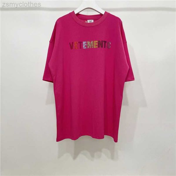 Erkek Tişörtleri Kaliteli 2022ss Pembe Vetements Gökkuşağı Rhinestone Moda Tişört Erkekler 1 1 Vetements Kadın Gömlek İşlemeli Tees