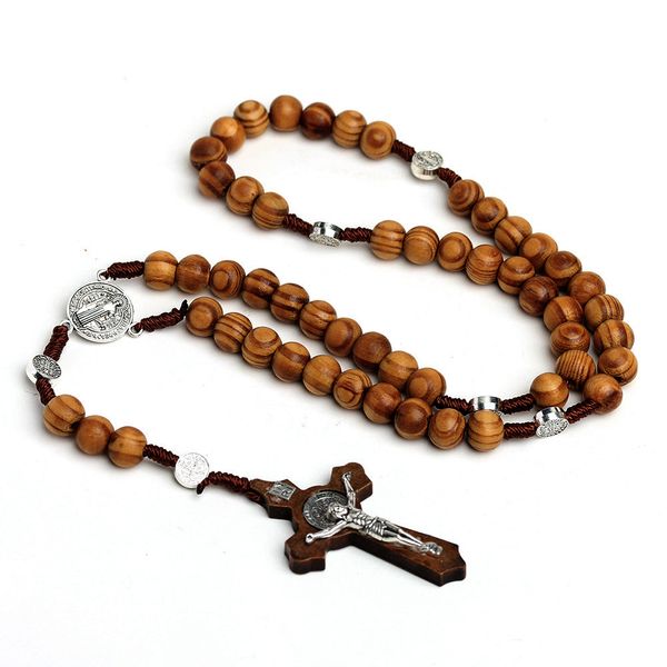 10mm Holzperlen Rosenkranzkreuz Halskette für Frauen Christian Jungfrau Maria inri Anhänger Kette Mode Religion Schmuck Schmuck