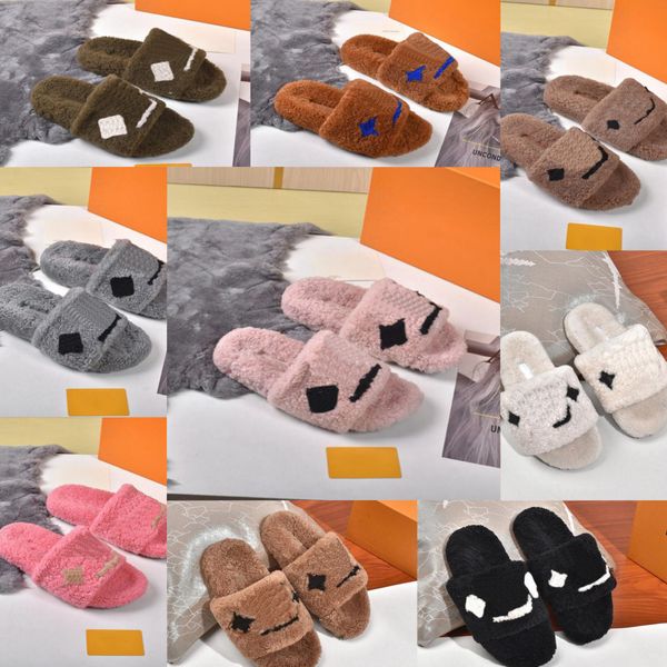 L Designer peludo chinelos fofos feminino senhoras sandálias de luxo lamides de peles slides winter v confortável de pelúcia clássica de qualidade de qualidade total tamanho 35-42 com caixa