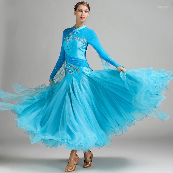 Bühne Wear Lake Blue Ballroom Tanzkleider Wettbewerb Frauen Performance Fringe Foxtrot Party Walzer Tanzkleidung Standard modern modern