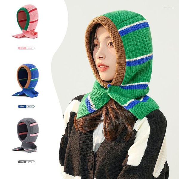 Berets корейская осень и зимняя полосатая вязаная балаклава шляпа женская теплые шляпы шарф интегрированные мод