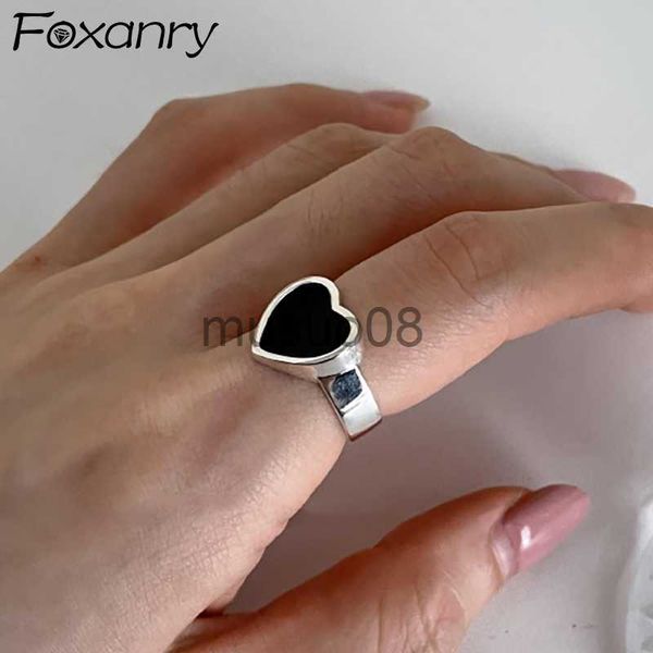 Anelli di band Foxanry Silver Colore Black Love Heart Encings Ongement per donne Design alla moda coreano geometrico Gioielli per feste di compleanno fatti a mano J230817