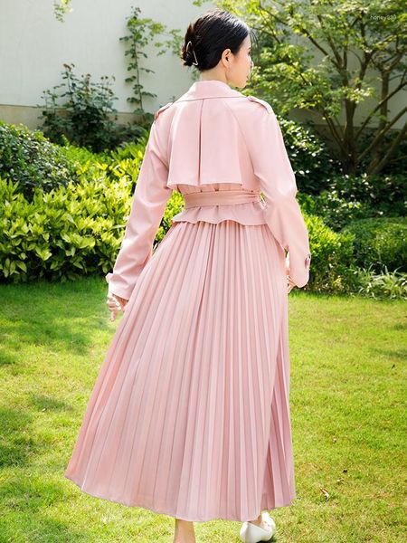 Trench feminina casacos rosa de alta qualidade elegante clássico de estilo ocidental colarinho de colarinho de capa de windbreaker primavera e outono 2023