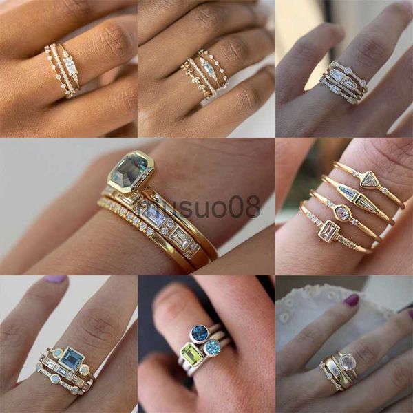 Кольца группы Boho 4pcs/Set Luxury Blue Crystal Rings для женщин мода мода желтый золото свадебные ювелирные аксессуары Подарки Женщины Обещание Кольцо J230817