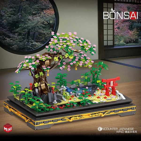 Bloklar Mini Bahçe Bonsai Building Blok Kiraz Çiçeği Çam Pavyonu 3D Model Tuğla Fabrikası Saksı Ev Dekorasyonu Çocuk Oyuncak Hediyesi R230817