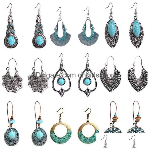 CAMBINO BOHO FEMME Orecchini turchesi Antique Gypsy Indian Tribal Etnic Hoop penzolando MANDALA DROPPA GIETRI DELLA CONSEGNA DHF8L