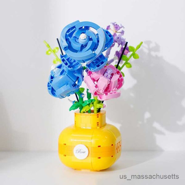 Blocos Rose Girlower Building Block Flower Diy Plant Bouquet Vase em vaso em vasos