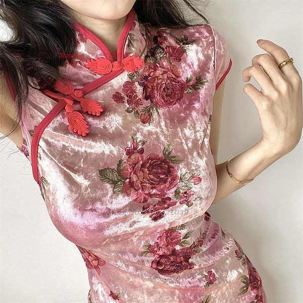 Этническая одежда 2023 Сексуальная бодибинская бархат бархат Qipao vestido традиционный костюм для ночного клуба национальный цветочный принт Cheongsam платье