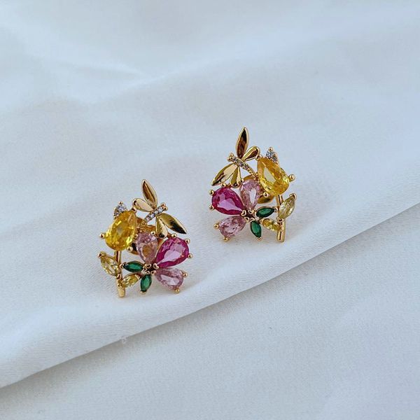 Stud Real 18K oro oro zircone colorato colorato libellula da fiori per fiori di caramelle gioielli lettera di regalo di nozze in fabbrica all'ingrosso con sacca per polvere gratuita