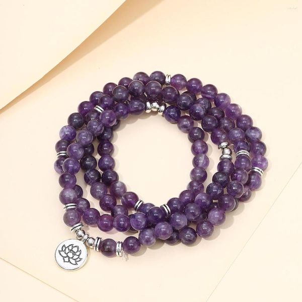 Strand Natural Stone Bracelet Yoga Mara Colar 108 Pink Chalcedony Beads Jóias de meditação de moda feminina 2023