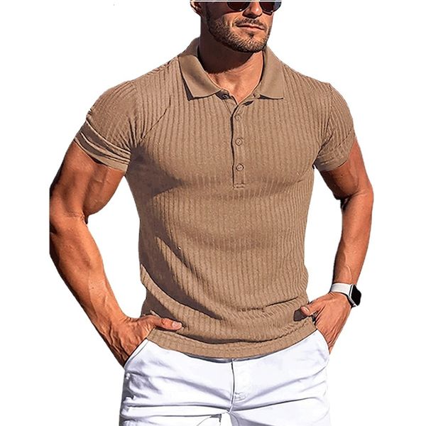 Polos maschile Polo estivo uomini Solid Stripe Fitness Elasticità Elasticità Sonte Short Shirts for Men Fashion Stand Collar Mens Shirts 230816