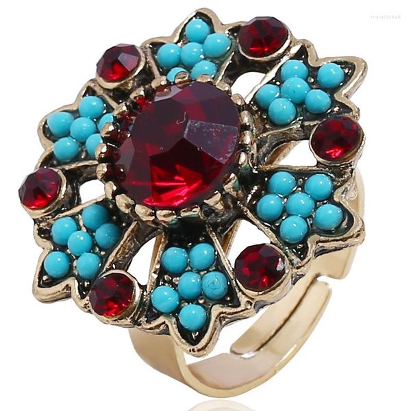 Clusterringe antiquierte Goldfarbe hellblau Samen Perlen Rotkristall Strasshöhle, klobiger verstellbarer Ring für Frauen Mode Schmuck