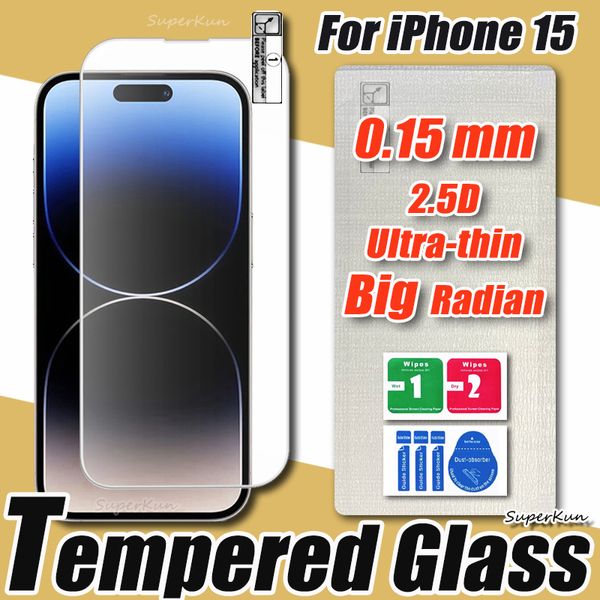 0,15 mm Ultra-F-Fim 2,5D Protetor de tela de vidro de alta qualidade para iPhone 15 14 13 12 11 Pro Max 8 7 6 Plus SE2 SE3 Super Big Arc Plasma Oiling Film com Opp Bag Bag Bag