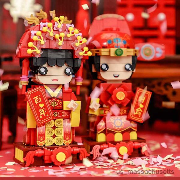 Blöcke Cartoon Chinesische Hochzeitsszene Miniatur versammelte Bausteine ​​DIY Doll Braut und Bräutigam -Geständnis -Szene versammelten Ziegelspielzeug R230817