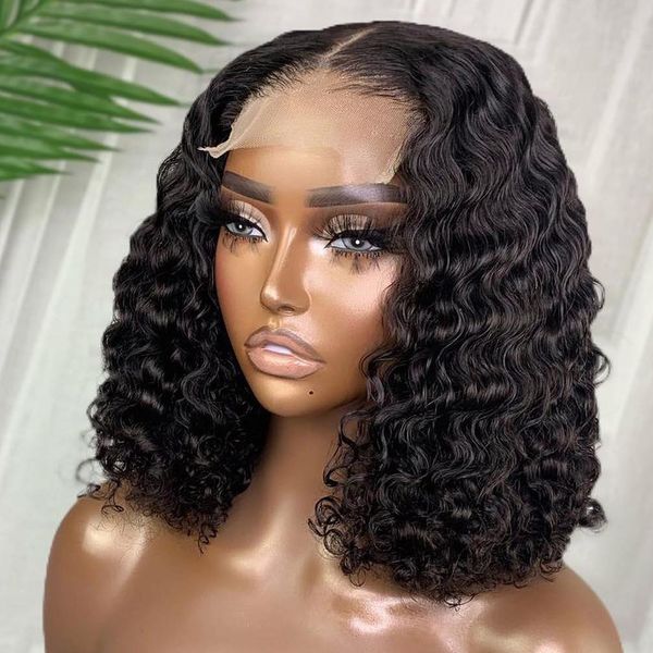 13x4 13x6%220%Yoğunluk Kısa kıvırcık bob insan saç perukları Kadınlar için Brezilya Afro Afro Doğal Derin Dalga 4x4 5x5 Kapatma Dantel Kapatma perukları