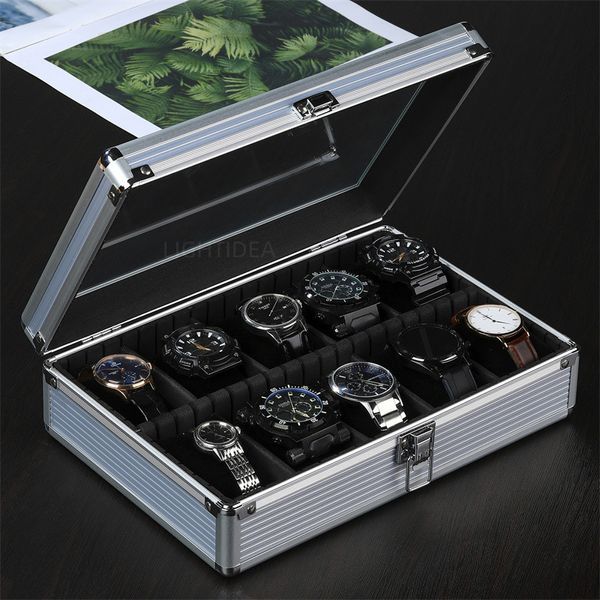 Jóias Caixas de jóias 10 slots Organizador da caixa de relógios com vidro Janela de alumínio Metal Metal Display Luxury Watch Case Storage Watch Holder for Men 230816